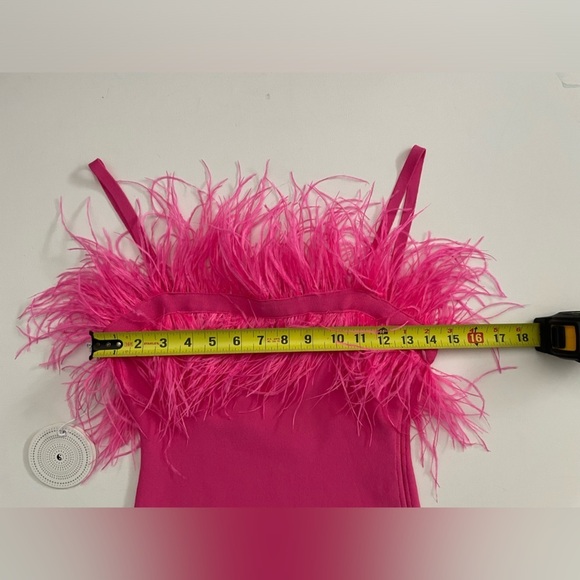 STAUD Etta Dress Feather Trim Stretch Knit Mini Bright Pink Party Festival XS - Picture 10 of 13